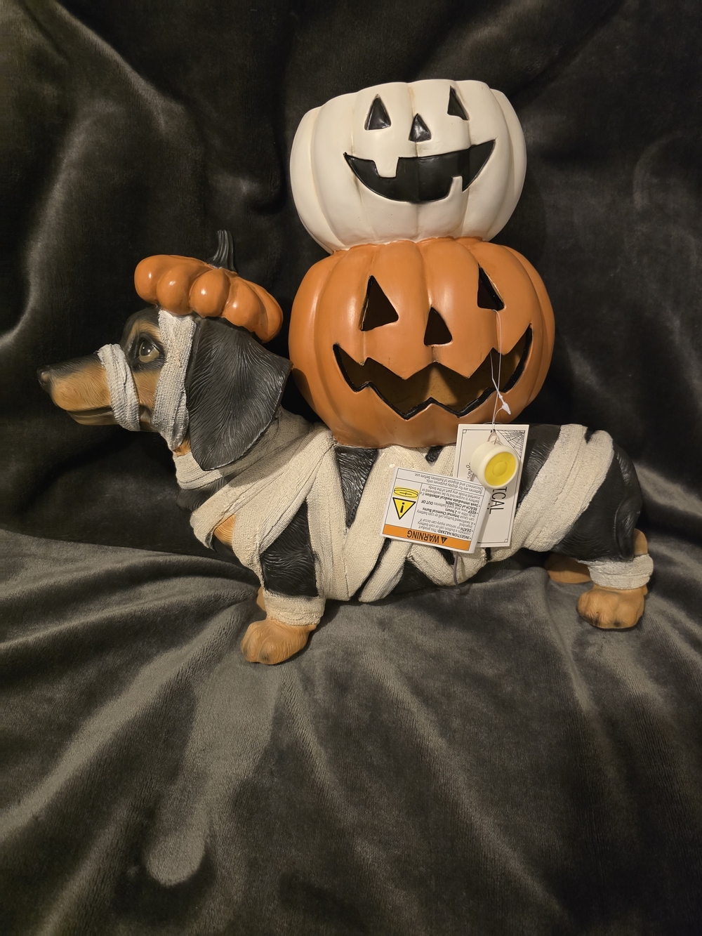 VIRAL Halloween Mummy Dachshund Candy Dish with Orange & Wht Pumpkins W/ Lights